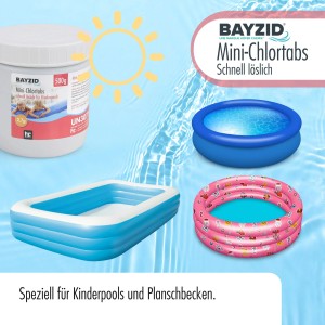 Bayzid Mini-Chlortabs 2,7g für kleine Pools, 2 x 500g Dose zur Desinfektion von Planschbecken.