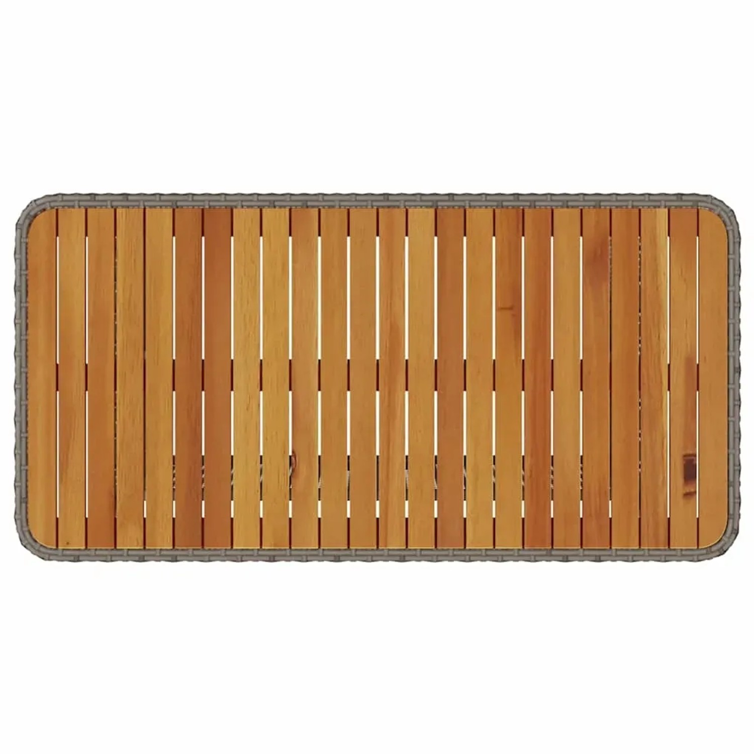 Tischplatte der grauen vidaXL Garten Essgruppe aus Poly Rattan und Akazienholz, Draufsicht.