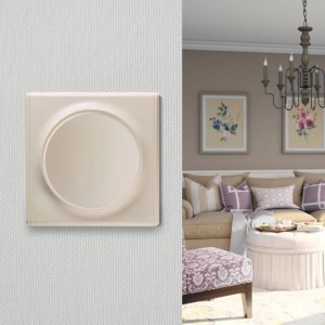 Beiger OneKeyElectro Kreuzschalter, rund, ohne Rahmen, Unterputz. Eleganter Lichtschalter für Wohnbereiche.