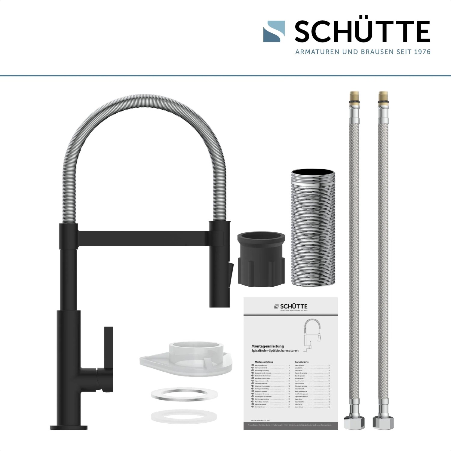 Schütte Spiralfeder-Spültischarmatur Miami, Chrom-Schwarz-Matt, mit Zubehör.
