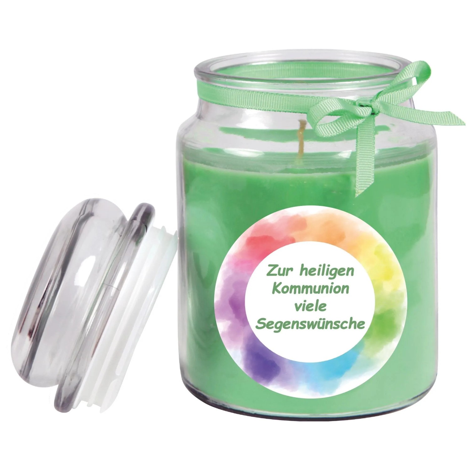 Grüne Duftkerze im Bonbonglas mit Kommunion-Aufdruck und Kokosduft.
