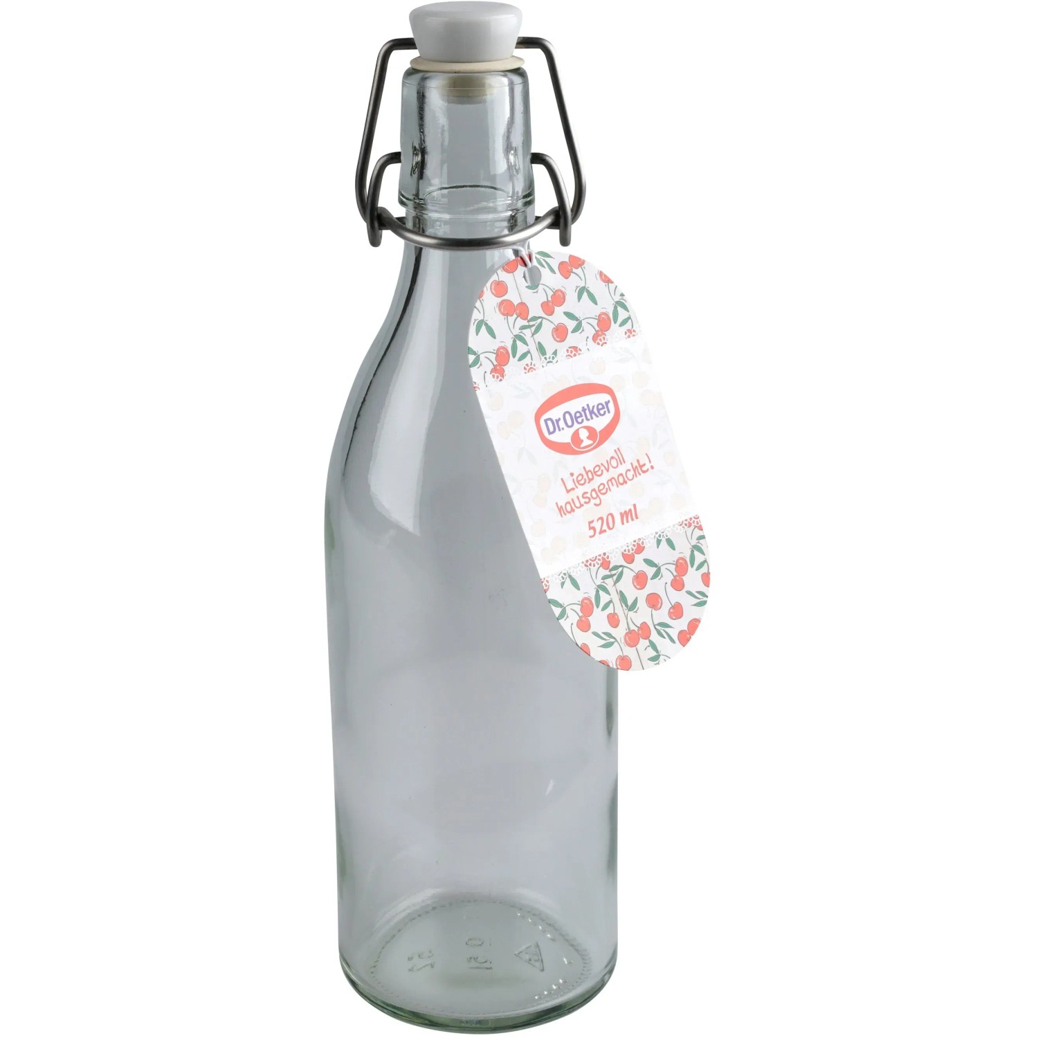 Dr. Oetker Bügelverschlussflasche, 500 ml, aus Glas mit Drahtbügel und Etikett.