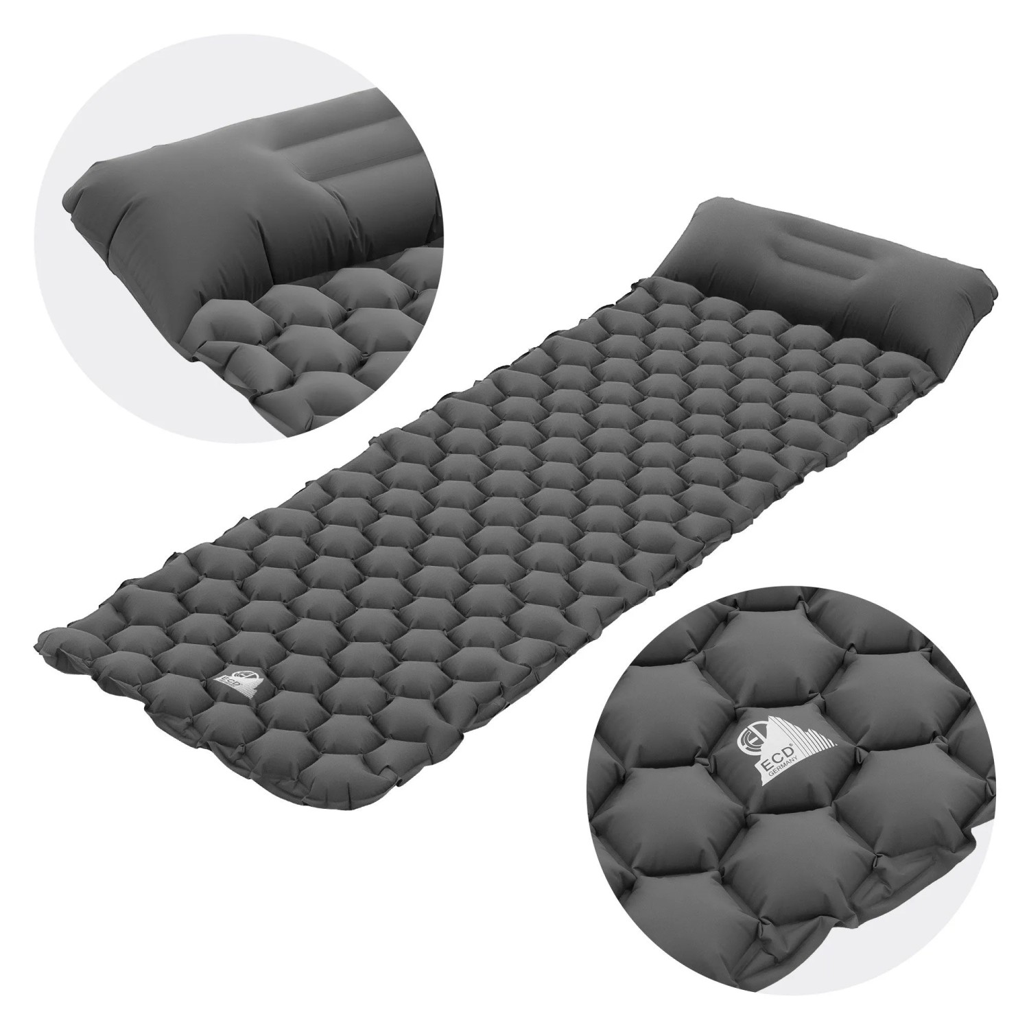Graue ECD Germany Isomatte Camping, 185x62x15 cm, aus Nylon mit Hexagon-Luftkammern und Kopfkissen.