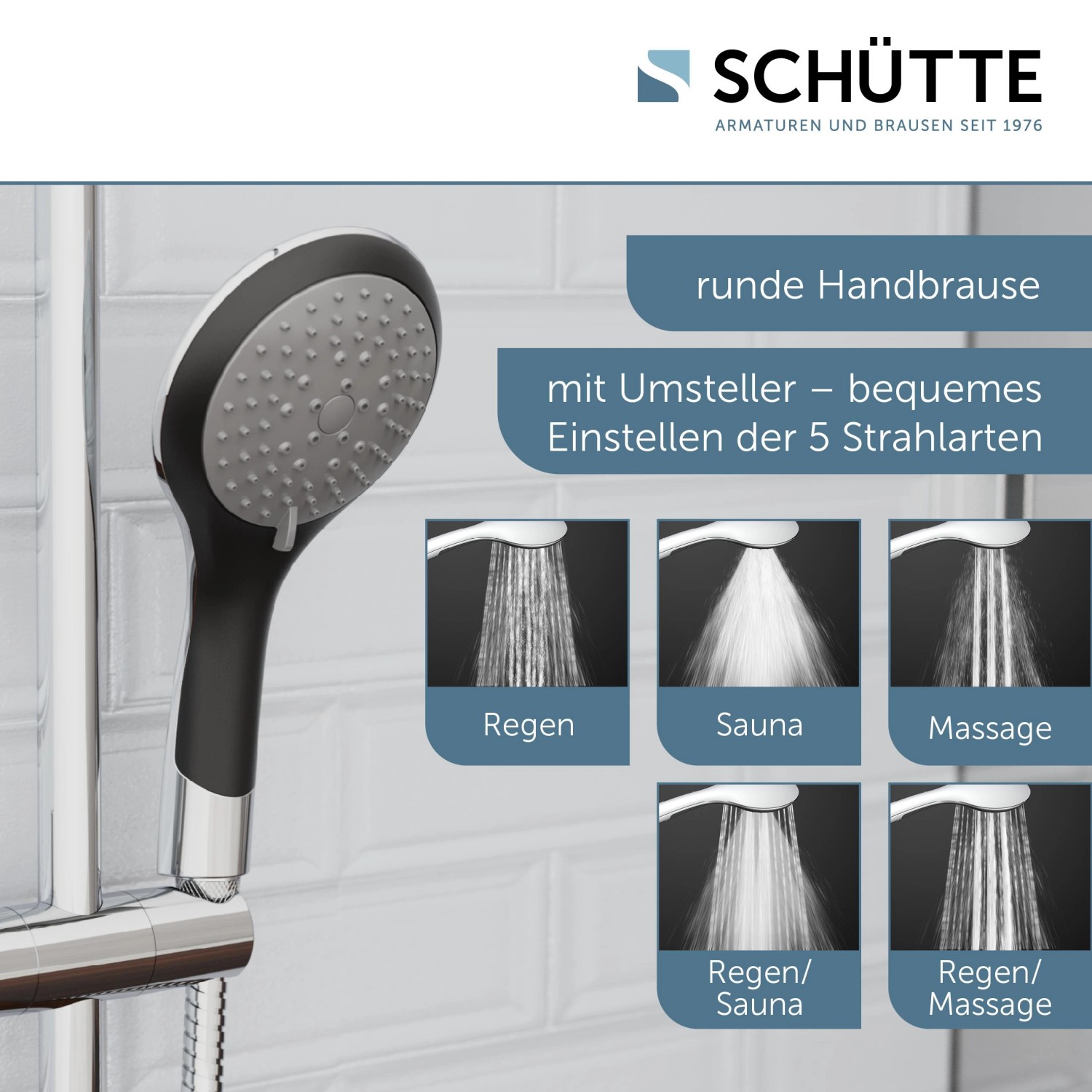 Schütte Handbrause Broadway, schwarz/chrom, mit 5 Strahlarten für Dusche und Bad.