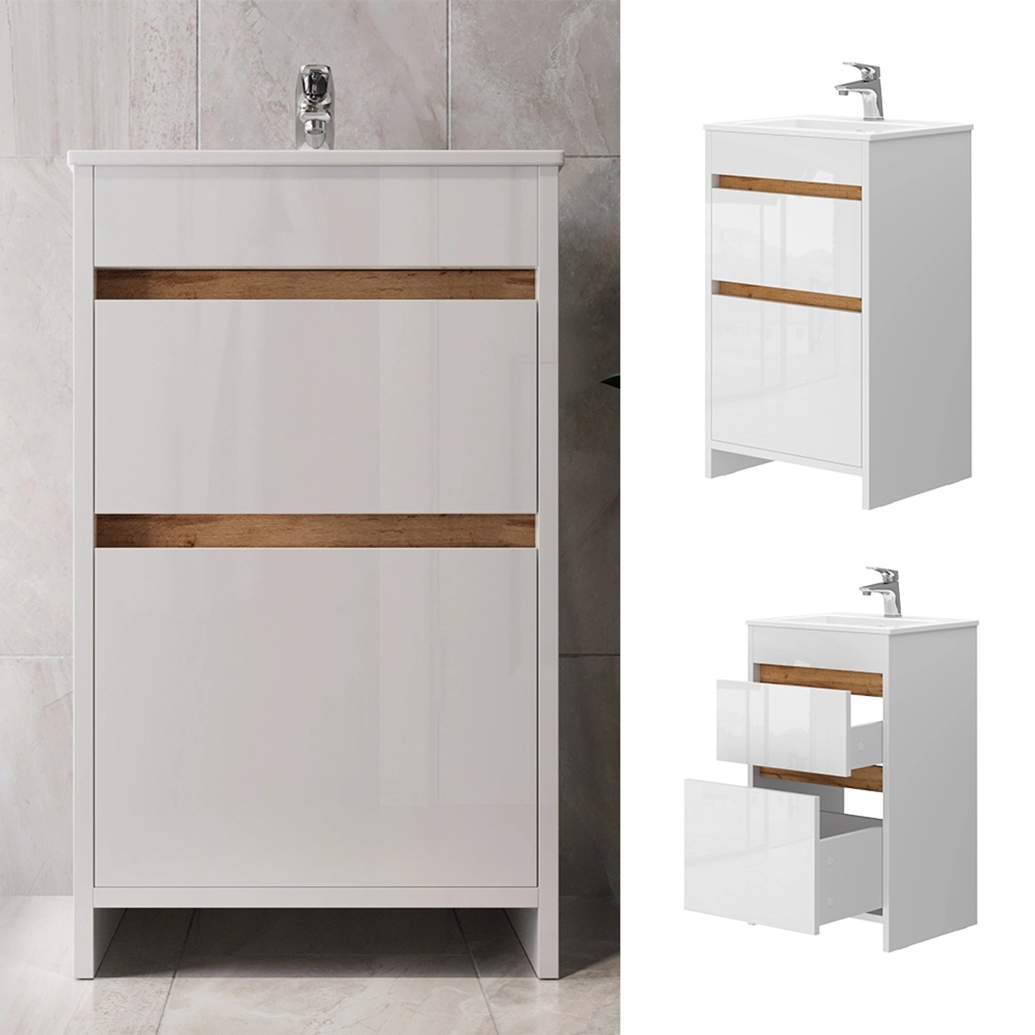 Vicco Badmöbel-Set Detmold, weiß/hochglanz, 2-teilig mit Waschbecken und Schubladen.