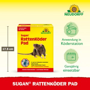 Neudorff Sugan Rattenköder Pad 200g, gelbe Verpackung mit Ratten-Abbildung. Rattengift zur Bekämpfung von Ratten.