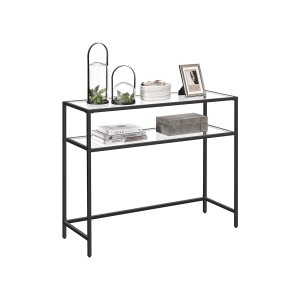 Schwarzer Vasagle Konsolentisch mit Glasplatten, 80x100x35 cm, dekoriert. Ideal als Nachttisch.