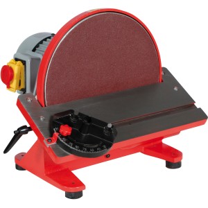 Holzmann Tellerschleifmaschine TS305 230V, rote Schleifscheibe und verstellbarer Tisch.