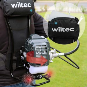 Wiltec Backpacker Multifunktionsgerät: 2-Takt Motor am Rucksack, mit Vibrationsdämpfung und Zubehörfach.