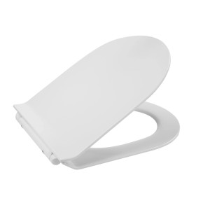 Weißer NEG WC-Sitz Slim-Line aus Duroplast, Deckel leicht geöffnet. Mit Softclose für Uno11RL.
