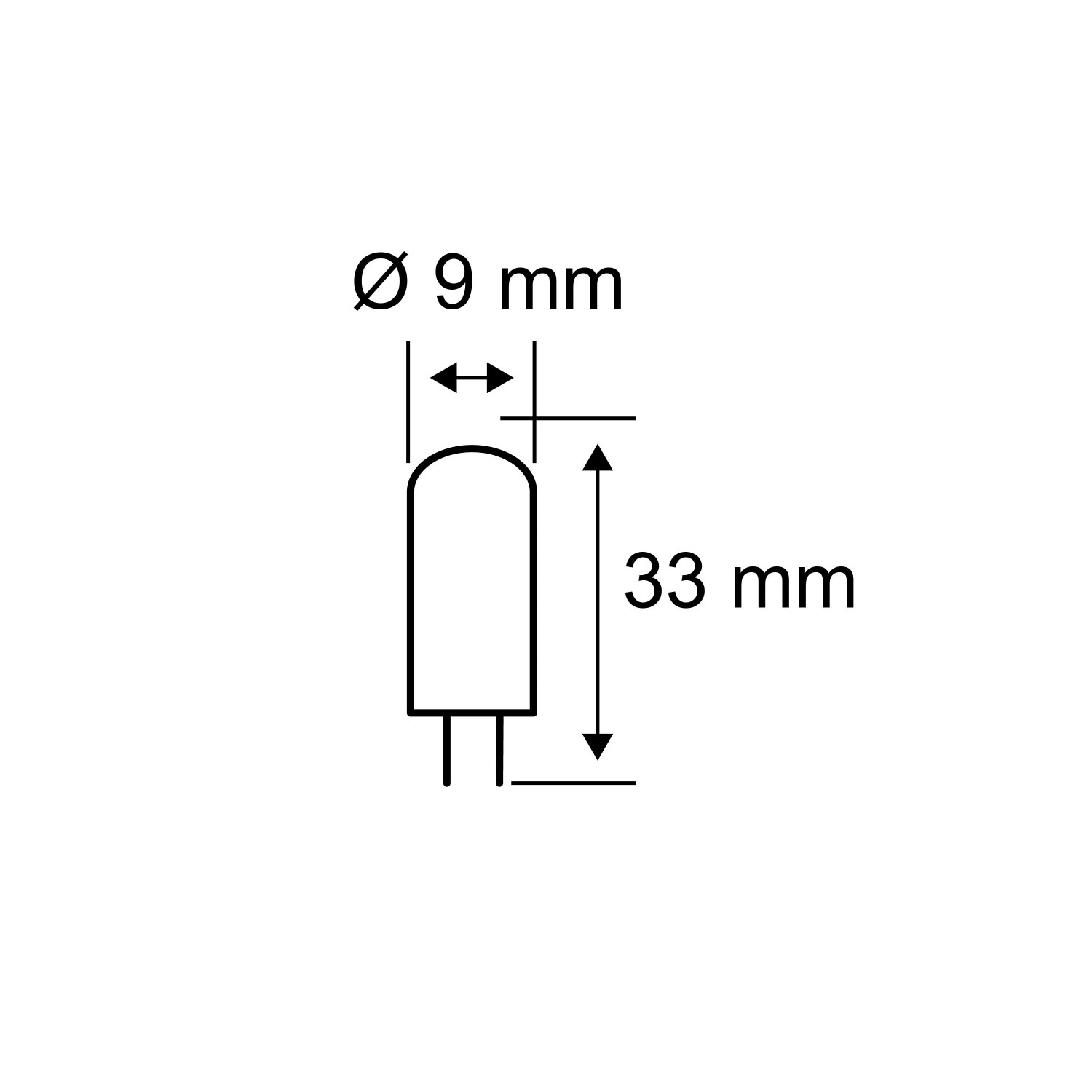 Technische Zeichnung Paulmann G4 20W Leuchtmittel: 9 mm Durchmesser, 33 mm Höhe.