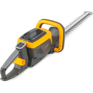 Stiga Akku-Heckenschere HT 500e mit Akku und Ladegerät, gelb/grau. Kabellose Heckenschere für präzise Schnitte.