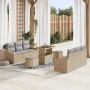 Beiges 9-teiliges Garten-Sofa-Set aus Poly Rattan mit Tisch und Kissen.