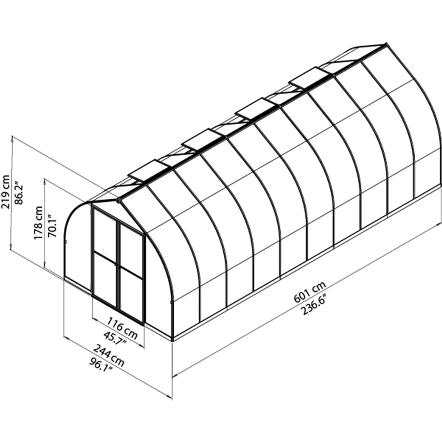 Technische Zeichnung: Palram Canopia Bella 6x2.4 Gewächshaus, Maße und Details zur Konstruktion.