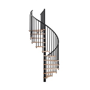 Minka Spindeltreppe Spiral Smart, Buche-Schwarz, 100 cm Durchmesser. Innentreppe mit Holzstufen und schwarzem Geländer.