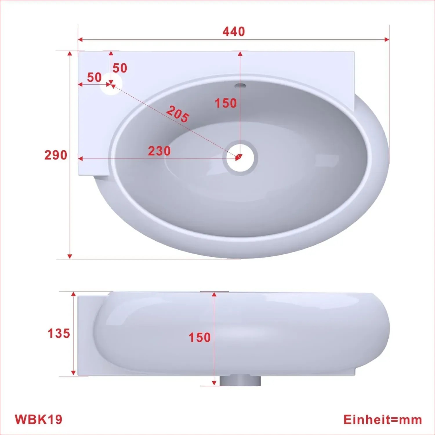 Skizze: Weißes Aquabatos Handwaschbecken 44x29cm mit Hahnloch und Überlauf, Wandmontage.