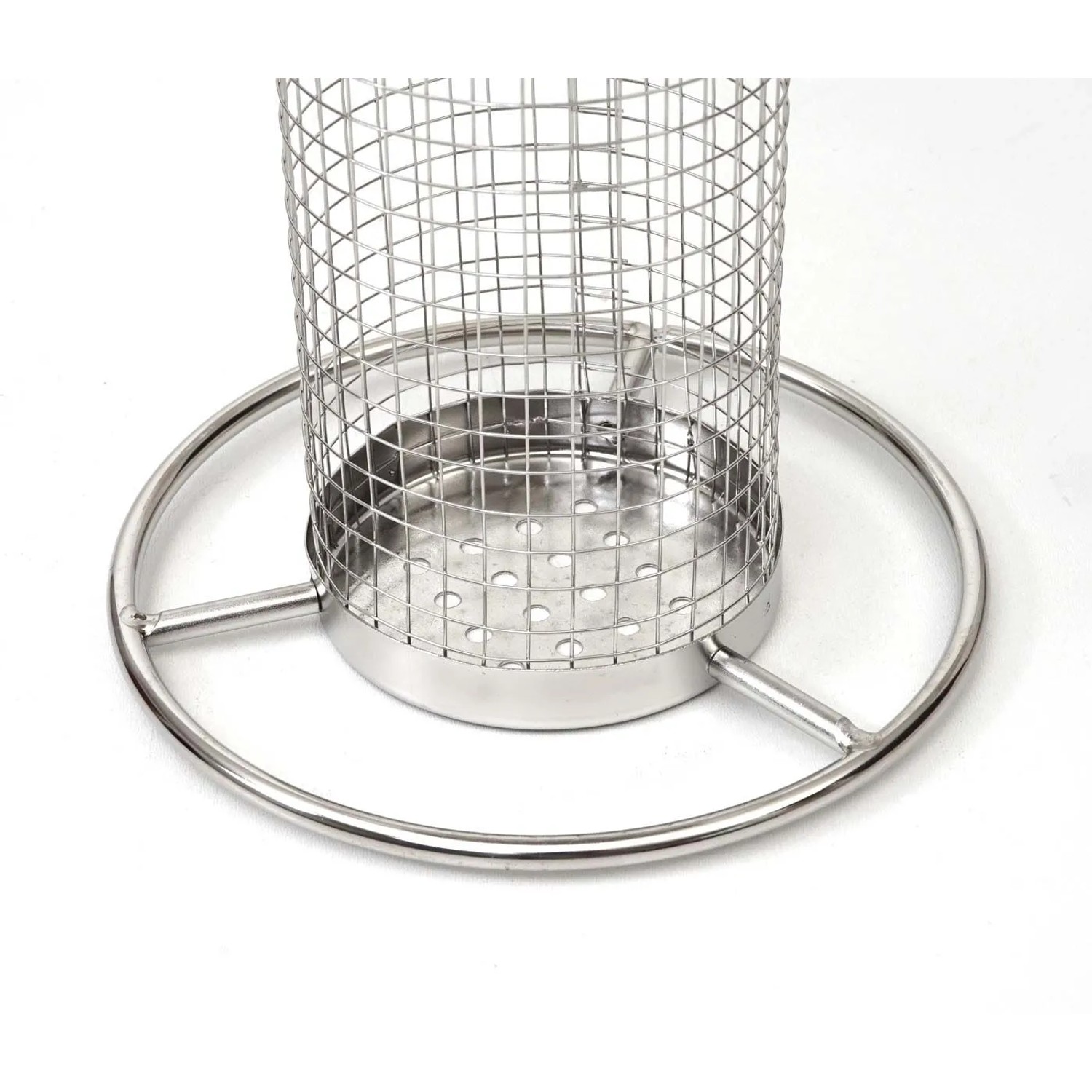 Edelstahl Vogelfutterstation mit Gitter, Sitzring und gelochtem Boden. Futterspender für Vögel.
