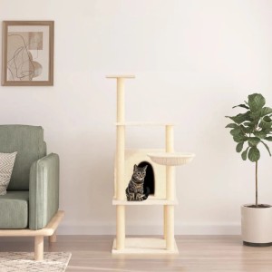 Cremefarbener vidaXL Kratzbaum mit Sisal-Säulen, 132 cm hoch, mit Katze.