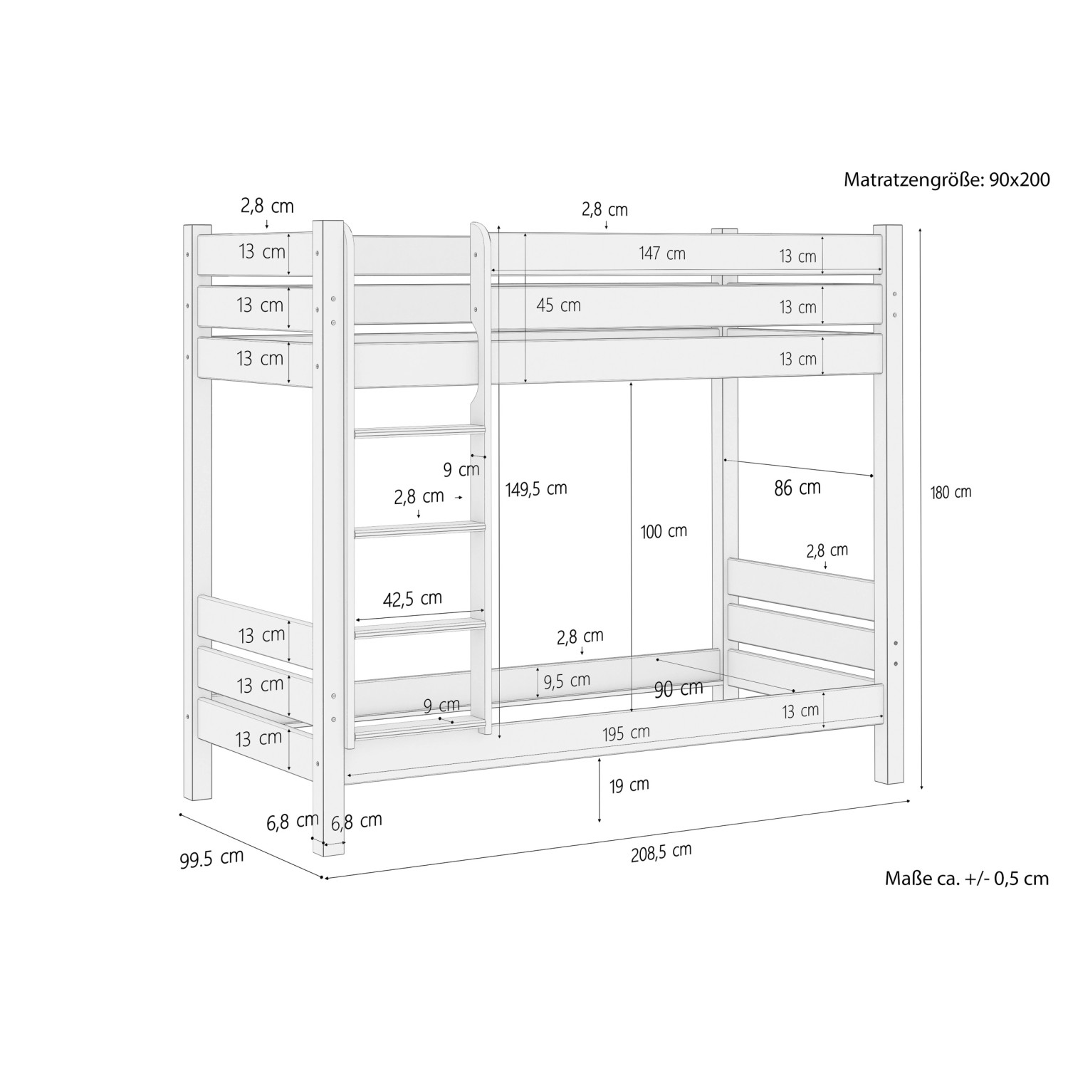 Skizze Etagenbett Kiefer massiv 90x200 mit Maßen, ideal für Jugend- und Kinderzimmer.