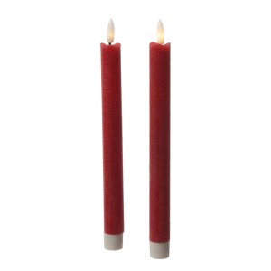 Zwei rote LED Stabkerzen (H 24,5cm) in Rustik-Optik aus Echtwachs für Tafel und Adventskranz.