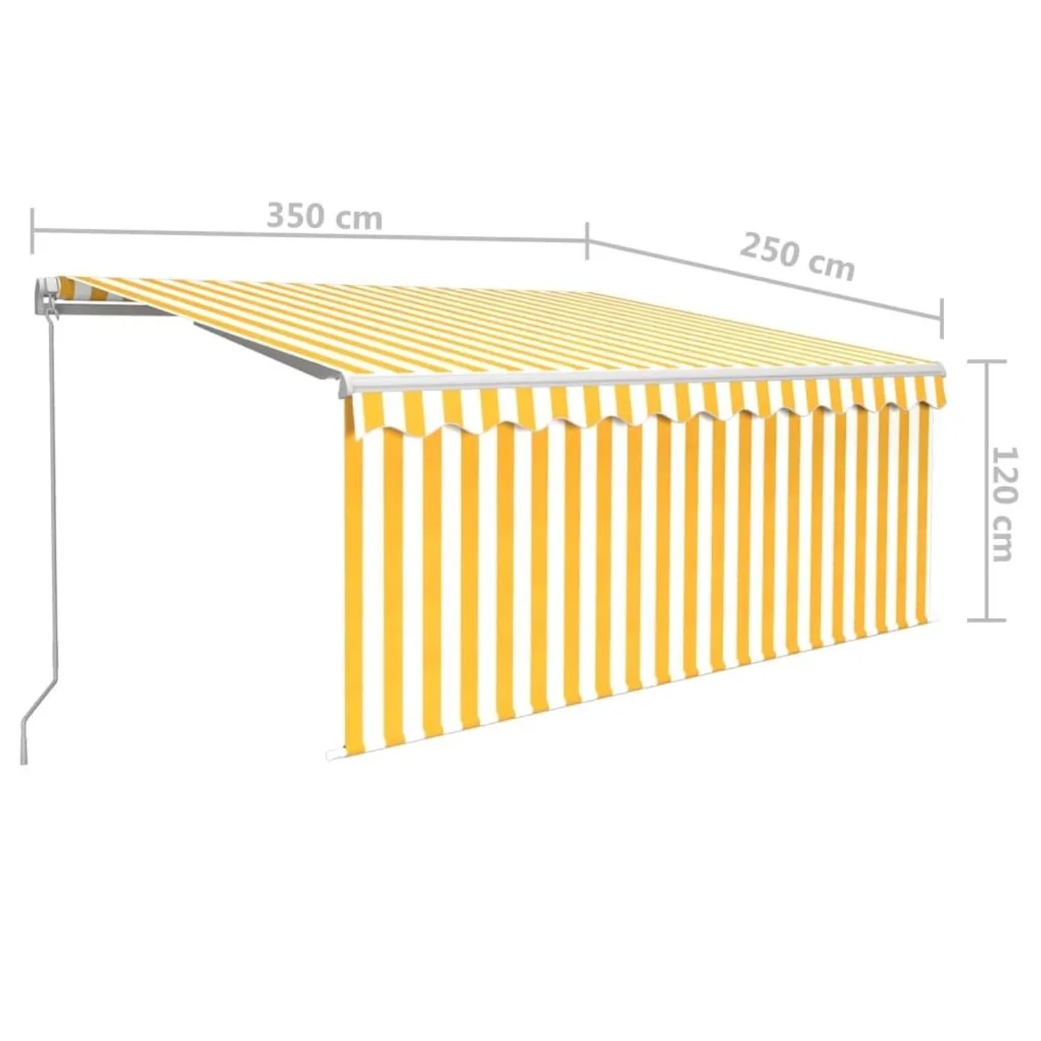Manuelle Markise mit Rollo, gelb-weiß gestreift, 350x250 cm. Ideal für Terrasse und Balkon.