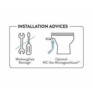 Montagehinweise für baliv WC-Sitz: Werkzeugfreie Montage und optionaler WC-Sitz Montageschlüssel.