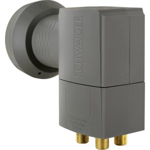 Schwaiger Quad LNB in Anthrazit für SAT-Anlagen mit hitzebeständiger Kappe und Wetterschutz.