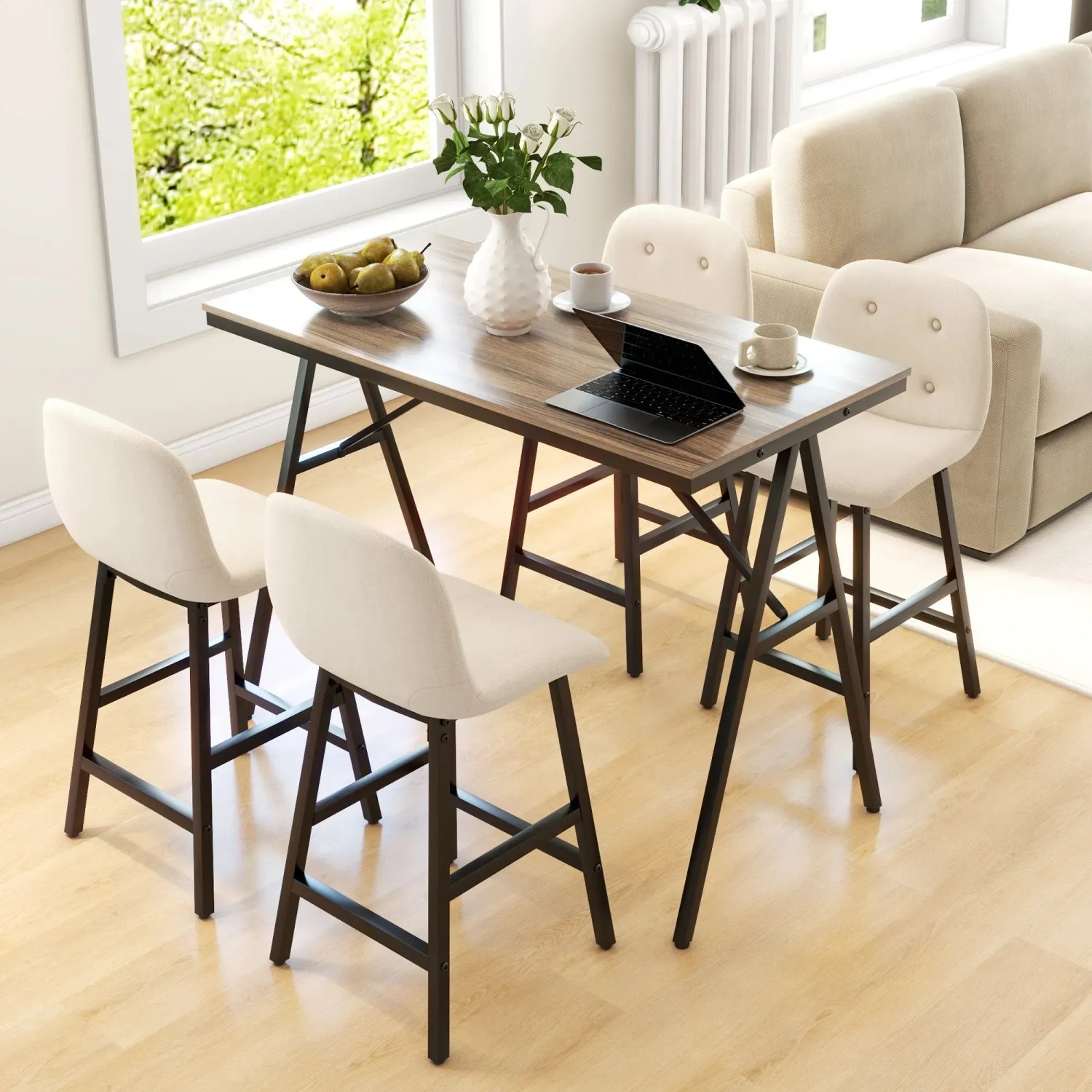 HOMCOM Bartisch-Set, 5-teilig, beige. Bar-Tisch mit vier Barhockern im modernen Design.