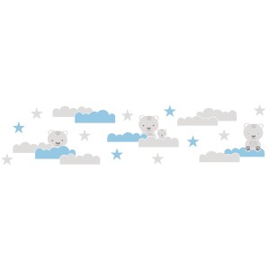 Bricoflor Kinderzimmer Bordüre mit Wolken, Bären und Sternen in Grau und Hellblau.