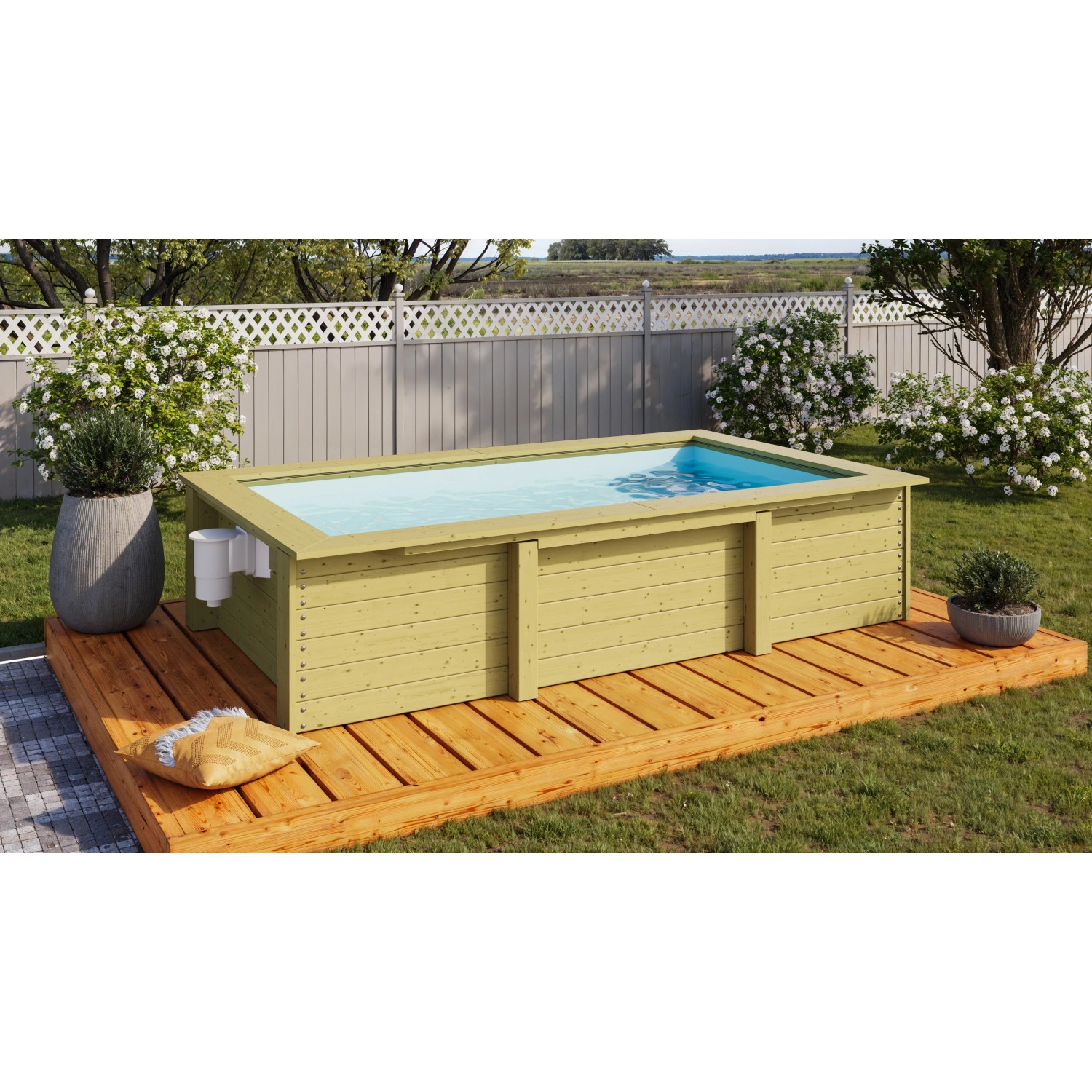 Karibu Holzpool Triton, kesseldruckimprägniert, mit Pooldeck und Leiter im Garten.