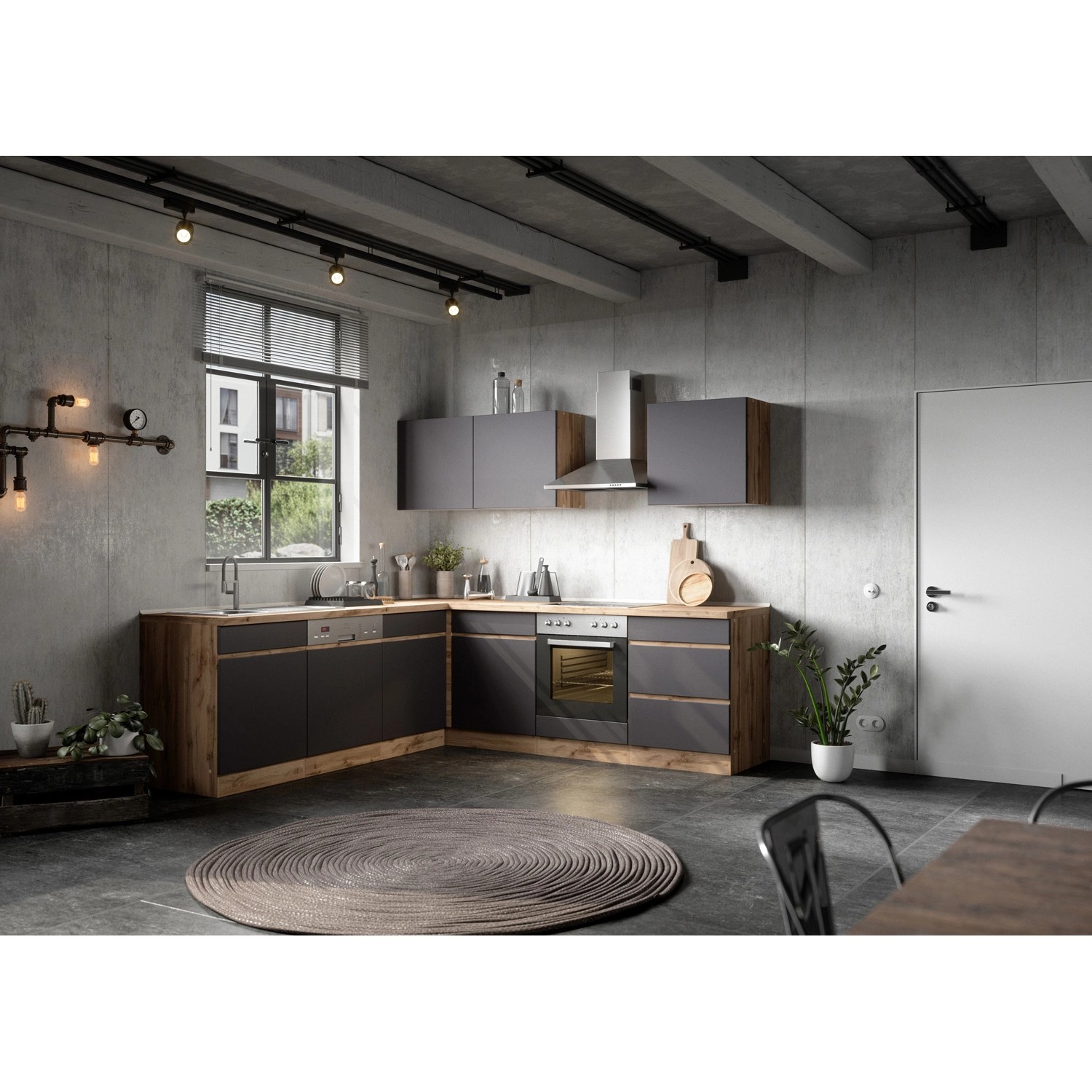Held Möbel Winkelküche/L-Küche Turin 240 x 240 cm Graphit-Wotaneiche mit  E-Geräten