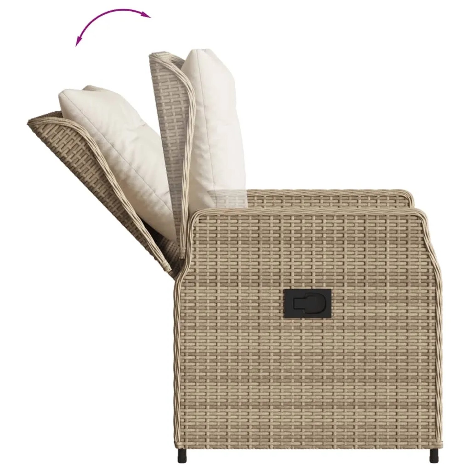 Verstellbarer Gartenstuhl der 5-tlg. vidaXL Essgruppe aus beigem Poly Rattan mit Kissen.