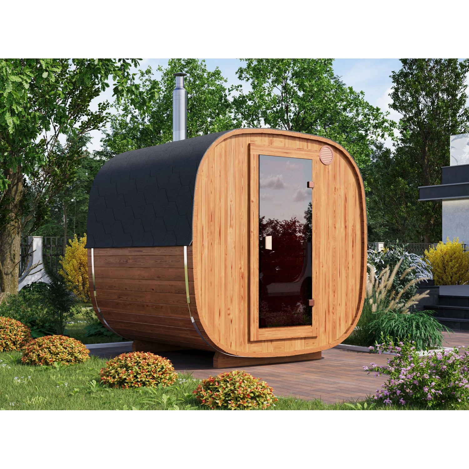 Fjordholz Fass-Sauna Modell Quadro 200 cm Thermoholz