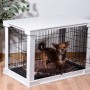Weiße Hundebox Indoor mit Tischoberfläche und kleinem Hund darin.