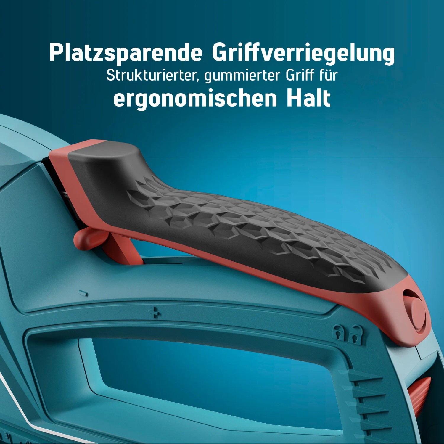 Detailaufnahme: Novus J-50 Handtacker mit ergonomischem, gummiertem Griff für sicheren Halt.