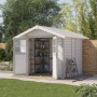 Grosfillex Kunststoff-Gartenhaus Deco 4,9 in Graugrün mit Doppeltür und Regal im Garten.