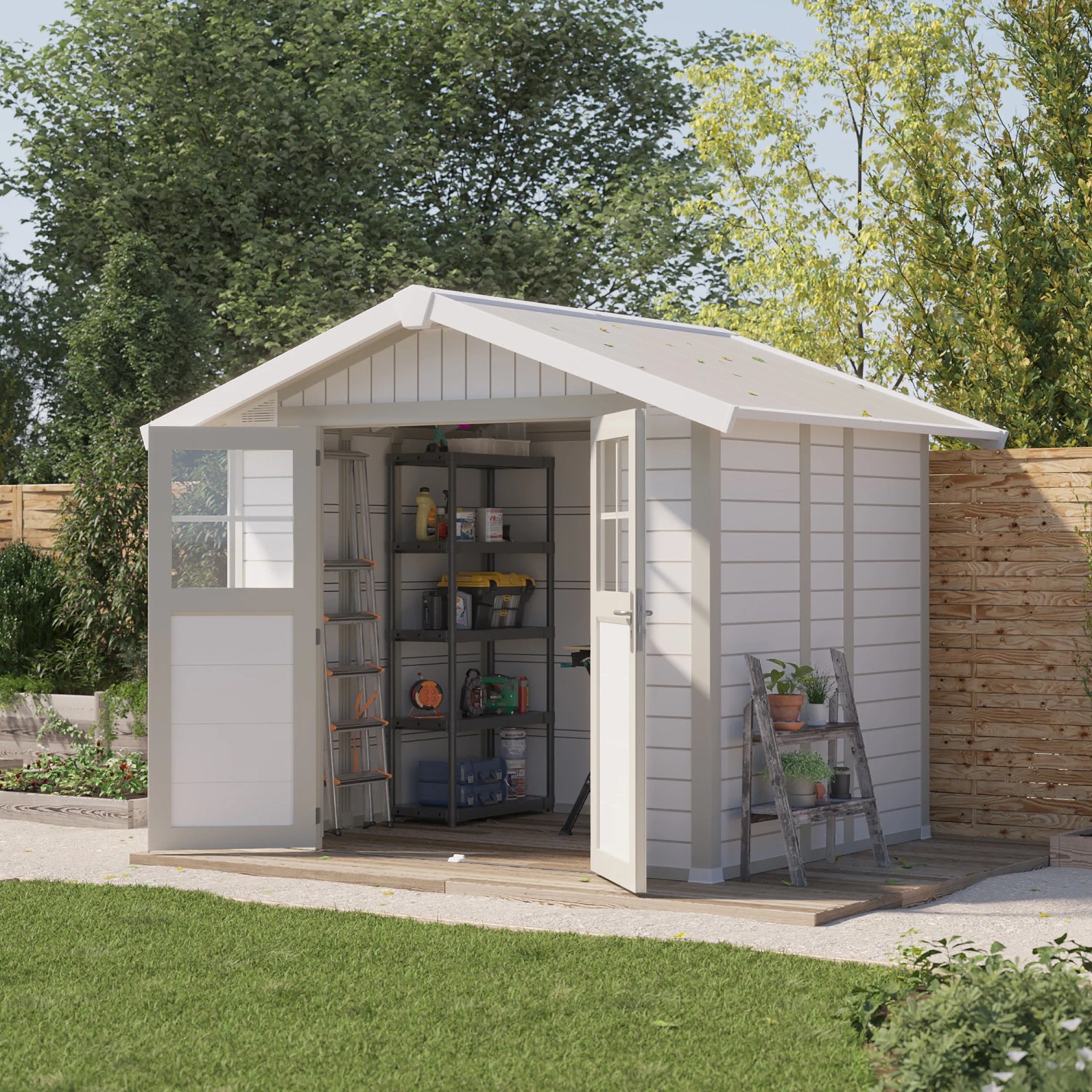 Grosfillex Kunststoff-Gartenhaus Deco 4,9 in Graugrün mit Doppeltür und Regal im Garten.