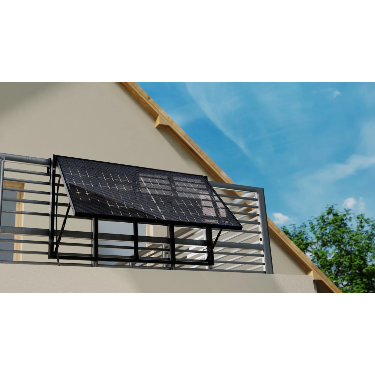 Hepa Solar Balkonkraftwerk Basic am Balkongeländer, schwarzer Rahmen.