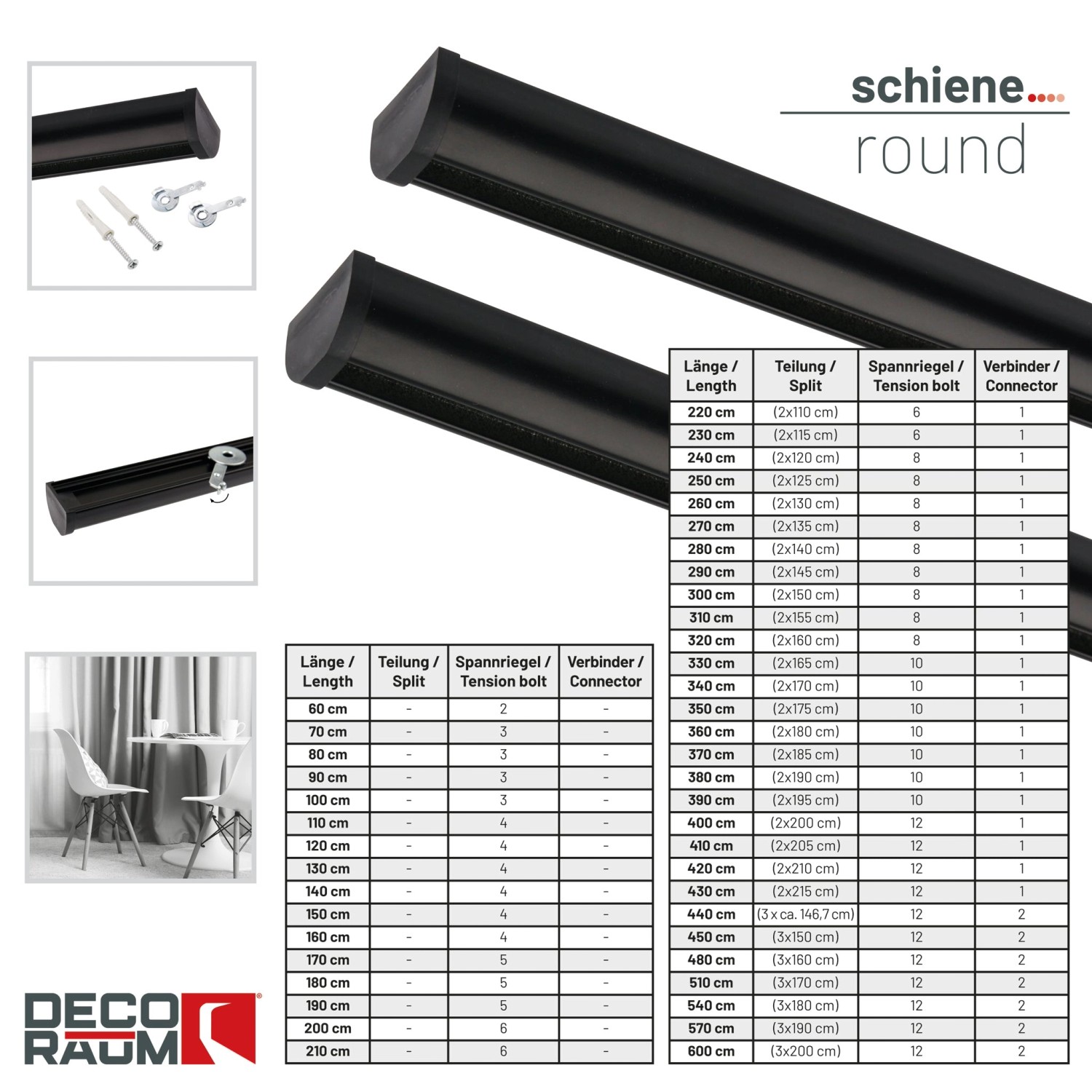 Deco-Raum Gardinenschiene nach Maß 1-Lauf Round Schwarz 150cm_3