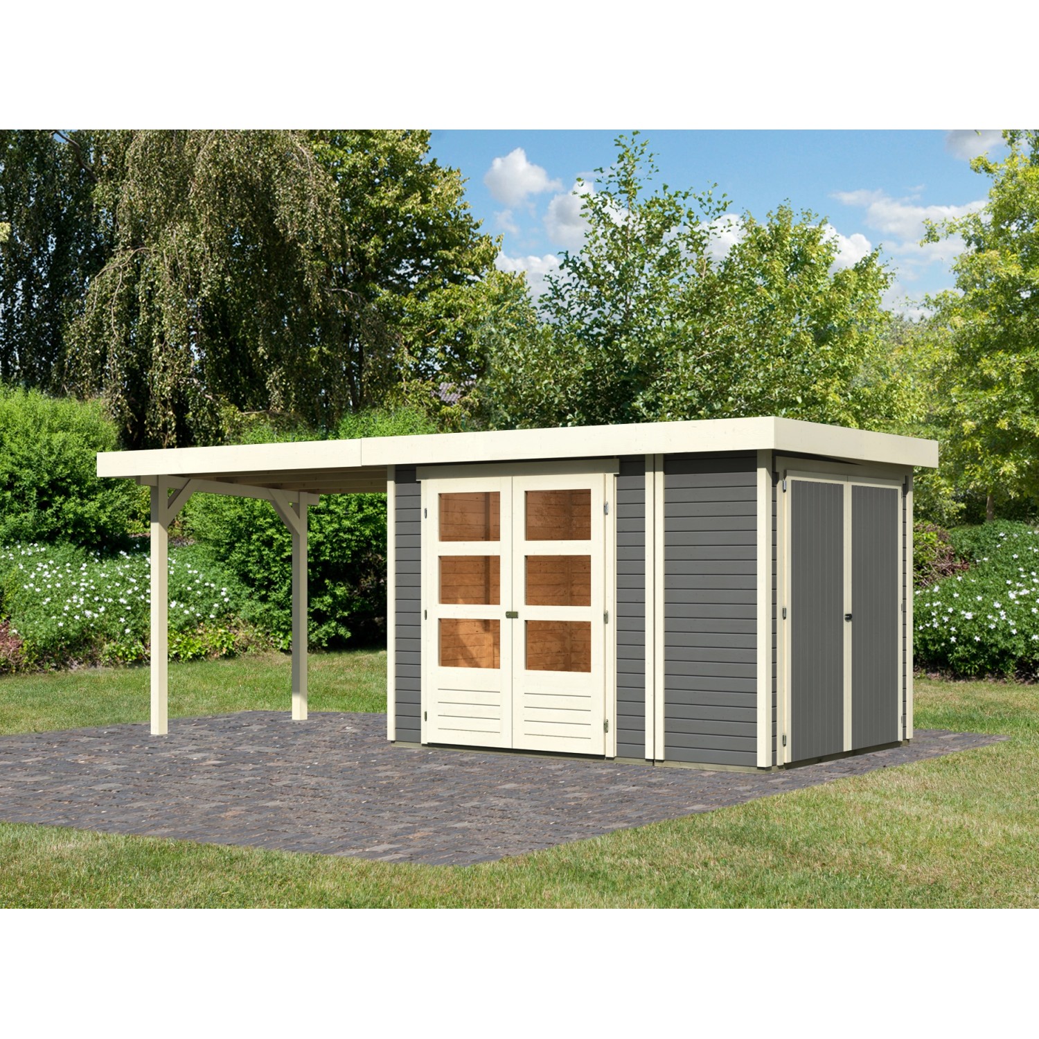 Karibu Gartenhaus Set Retola 2 Terragrau Schrank Anbaudach 280 cm Breit 6,0 günstig online kaufen