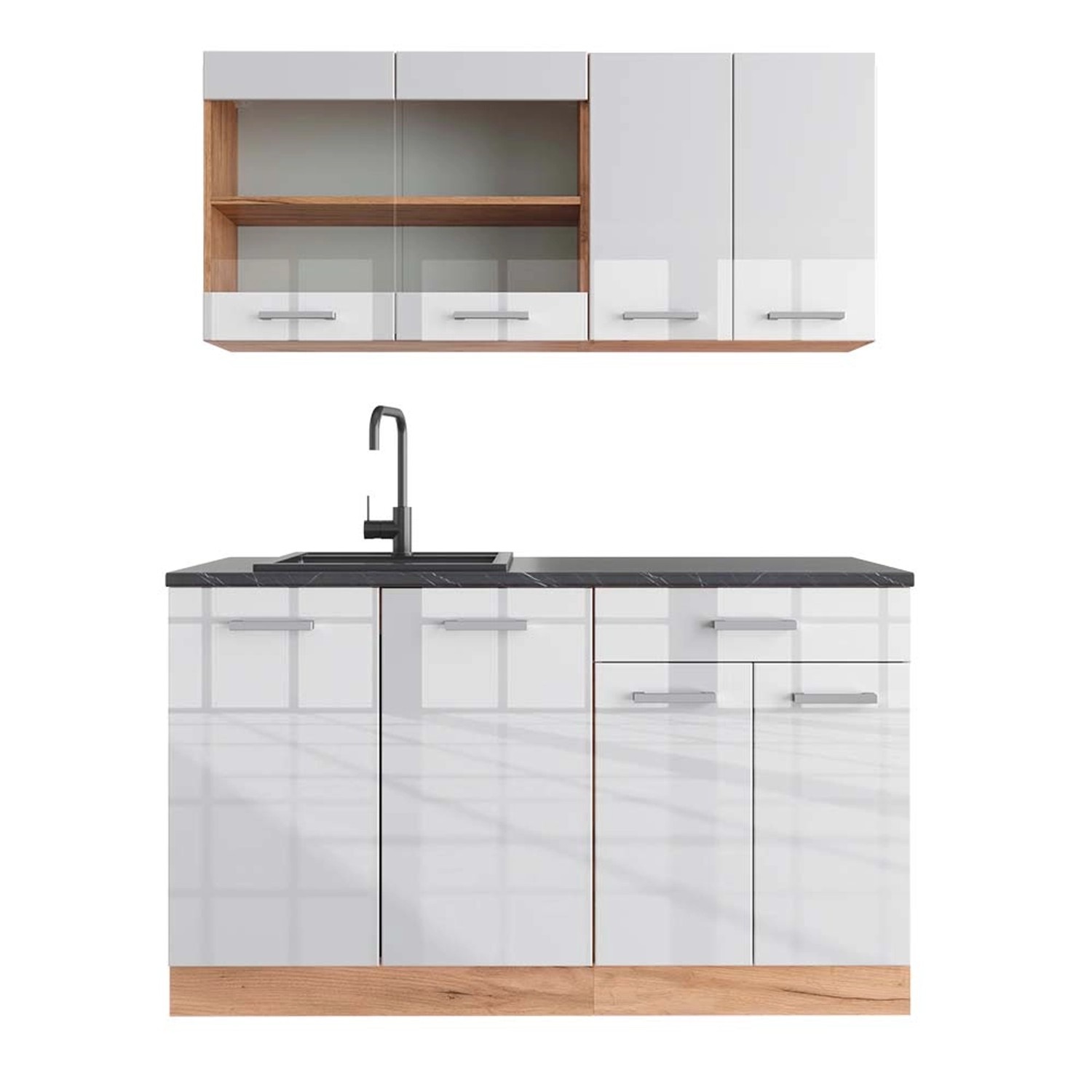 Vicco R-Line Singleküche Weiß Hochglanz/Goldkraft Eiche 140 cm AP Anthrazit günstig online kaufen
