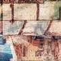 Komar Vlies Fototapete Urban Art, abstraktes Mauerwerk in Braun- und Blautönen, 300x250 cm.