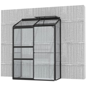 Schwarzes Vitavia Anlehn-Gewächshaus Ida 900 ESG mit Schiebetür und Dachfenster an einer Wand.