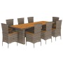 Graue 9-tlg. vidaXL Garten-Essgruppe aus Polyrattan mit Holztischplatte und Sitzkissen.