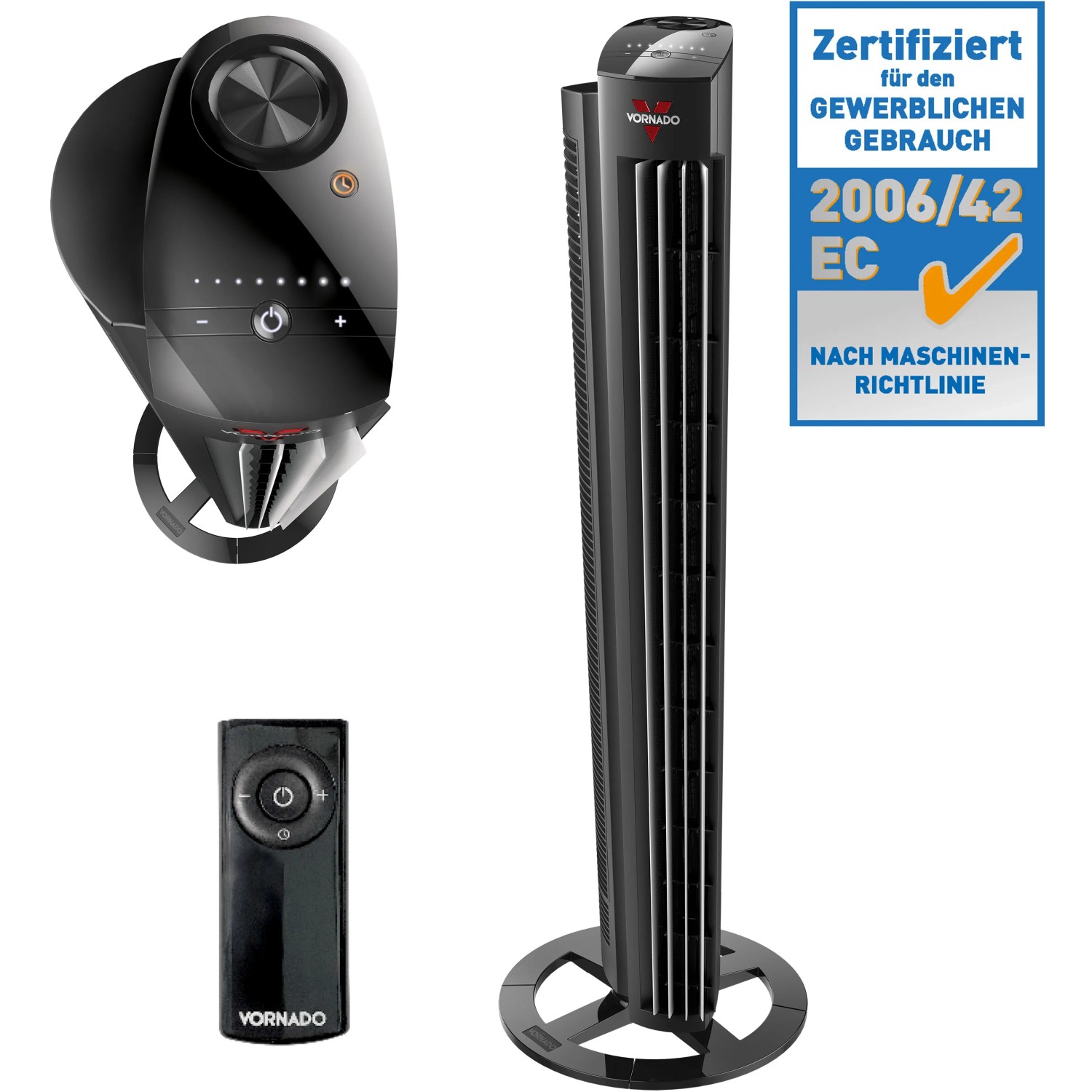 Schwarzer Vornado Tower L Standventilator mit Fernbedienung und Zertifizierung.