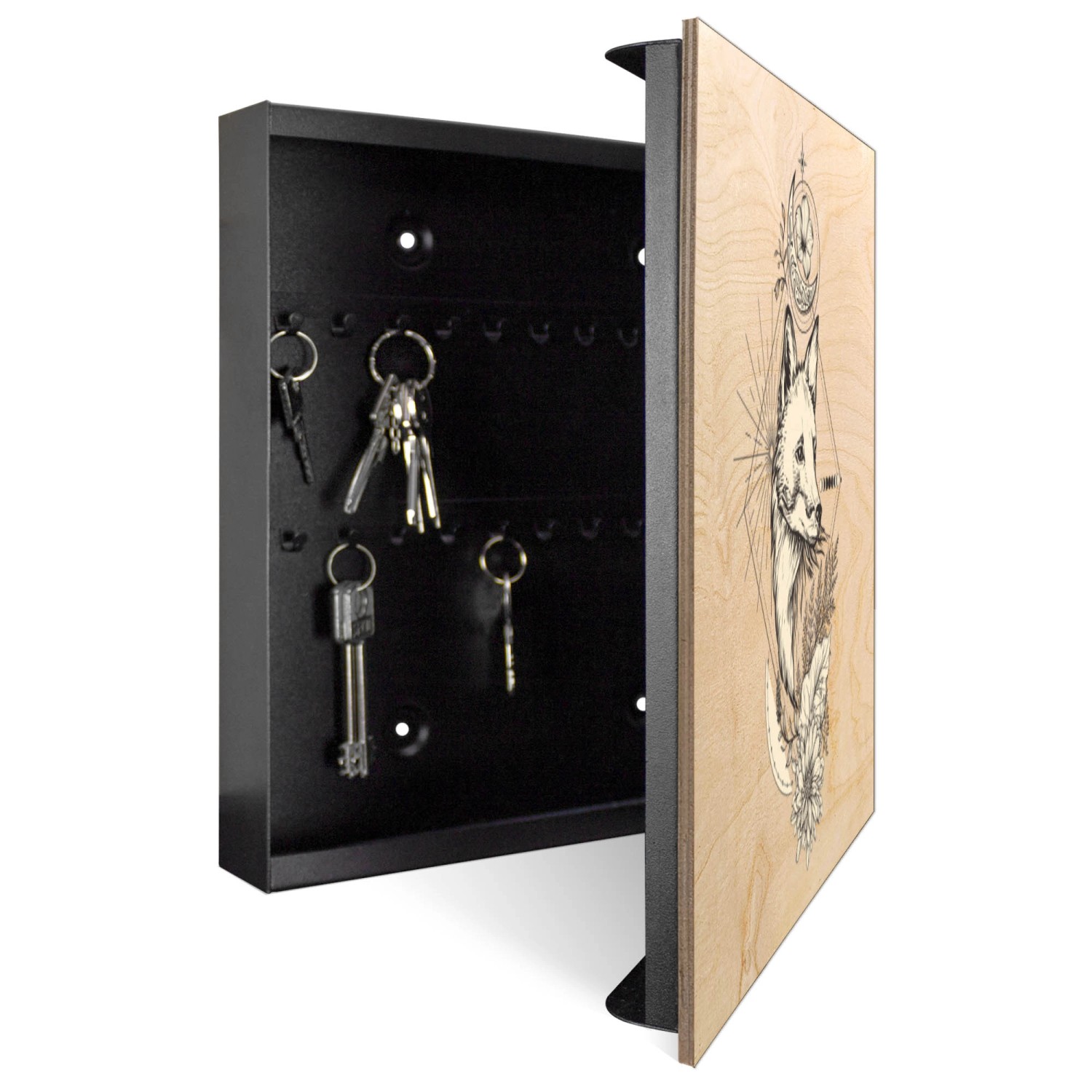 Offener Banjado Schlüsselkasten mit Fuchs-Motiv, 50 Haken, Holzfront und schwarzem Metallkorpus.