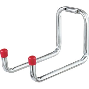 Verzinkter Gerätehalter, Wandhaken mit zwei Spitzen und roten Gummikappen.