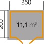 Grundriss Weka Holz-Gartenhaus Satteldach, 230 cm, mit Maßen 250x200 cm und 11,1 m³ Volumen.