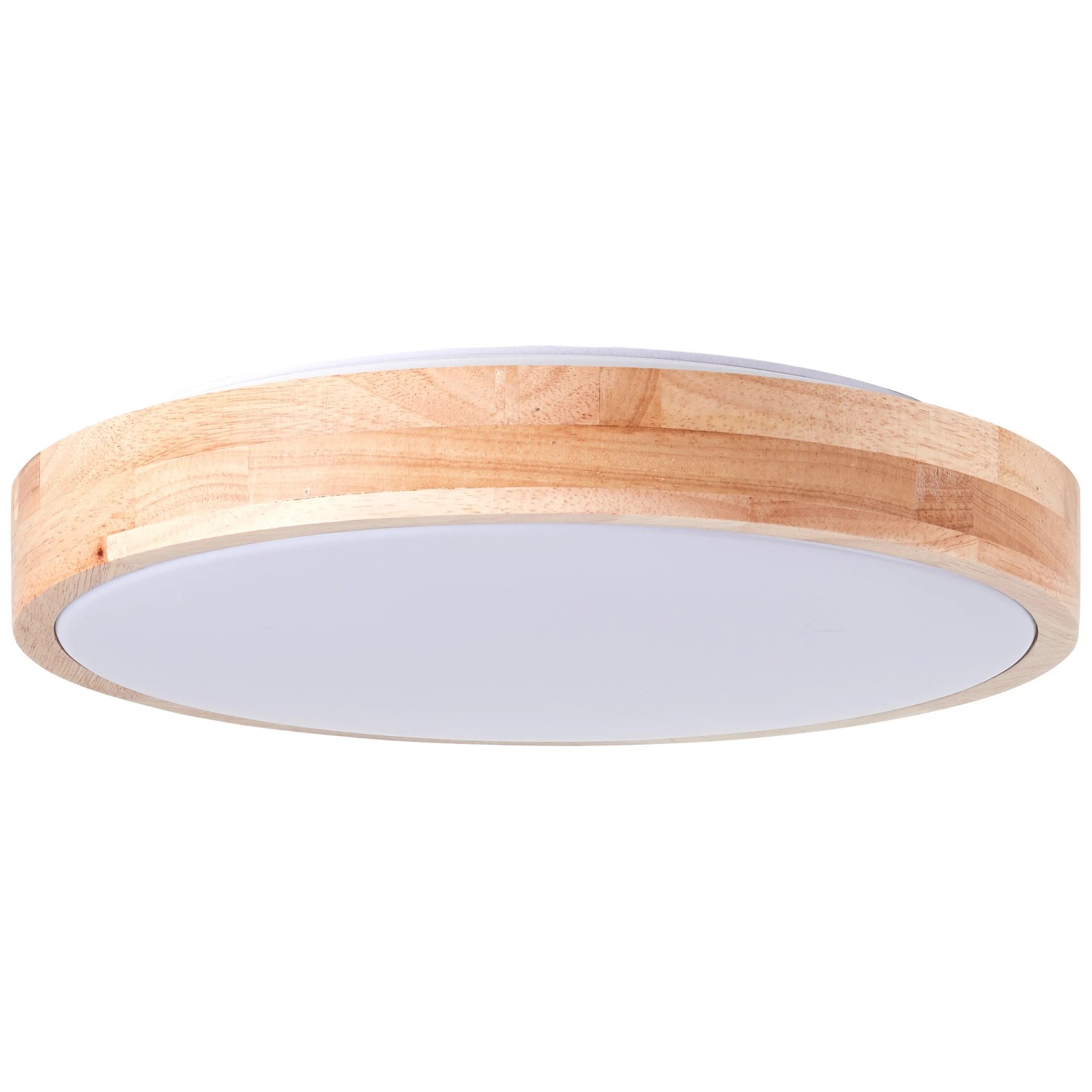 Helle, runde LED-Deckenleuchte Slimline mit Holzrahmen, 34 cm Durchmesser.