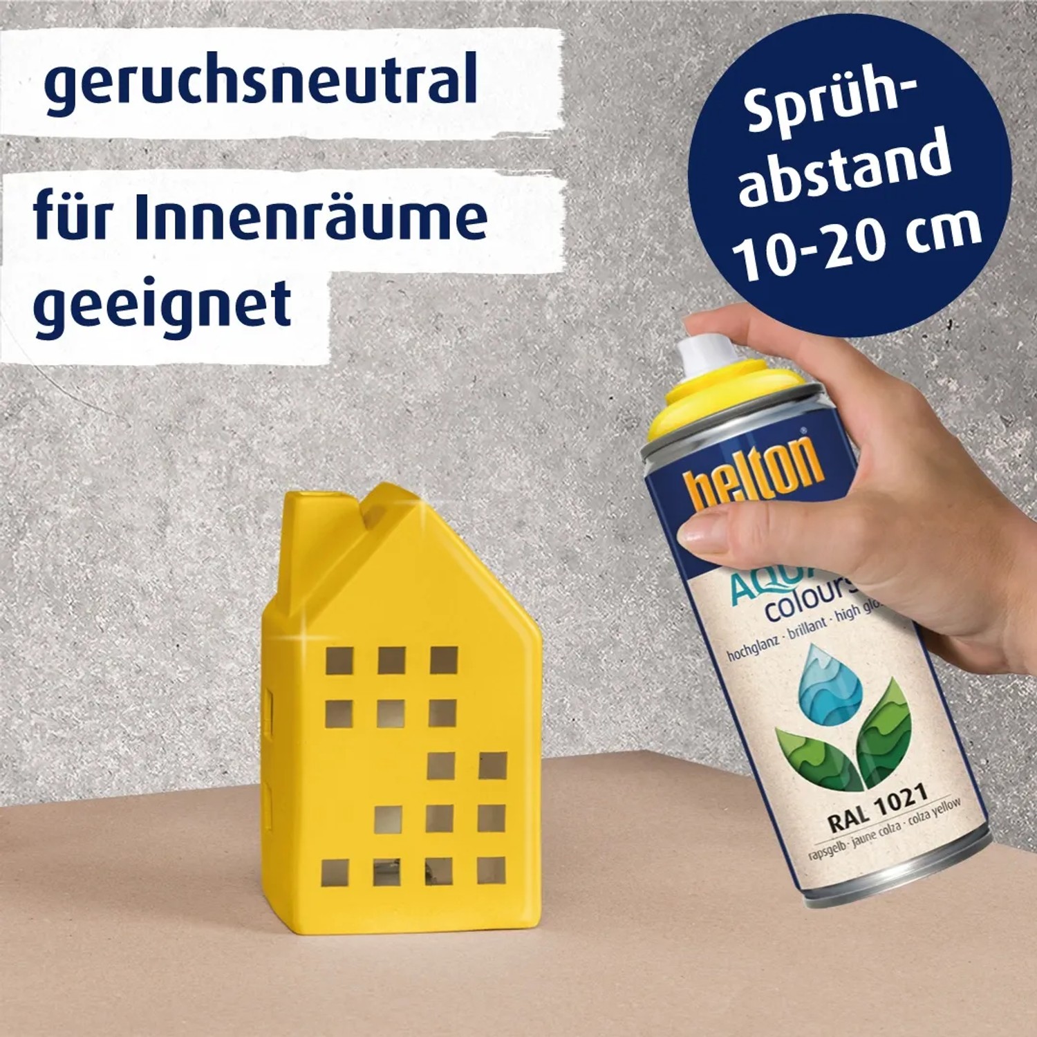 Belton Free AQUAcolours Buntlack Spray RAL 1021 Rapsgelb hochglänzend und gelbes Deko-Haus.